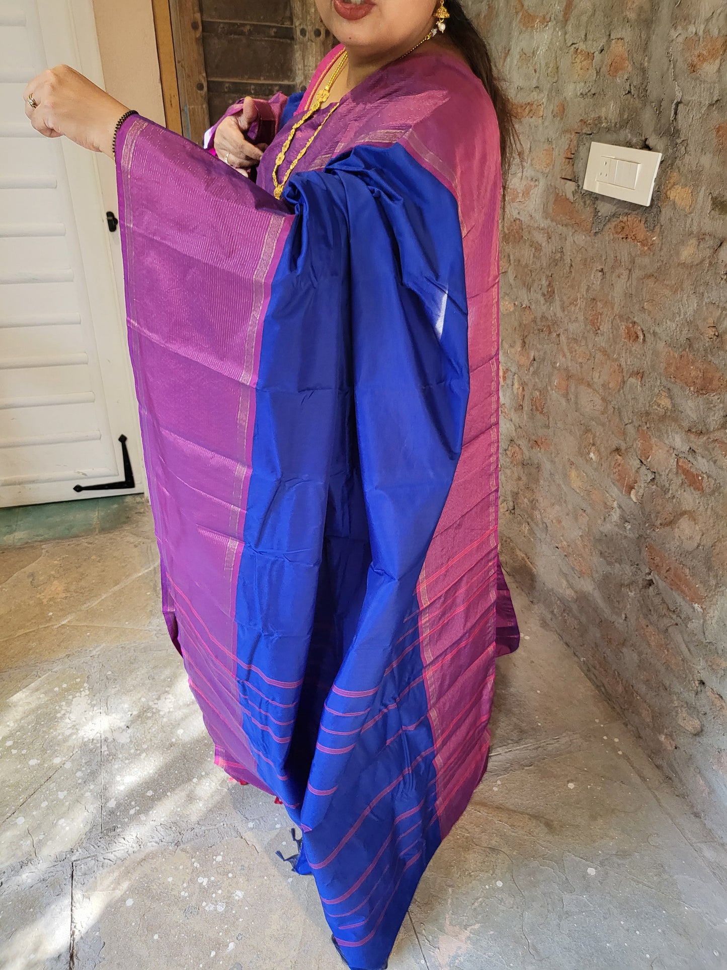 Kuppadam Silk Saree in Royal Blue and Pink with Broad Border