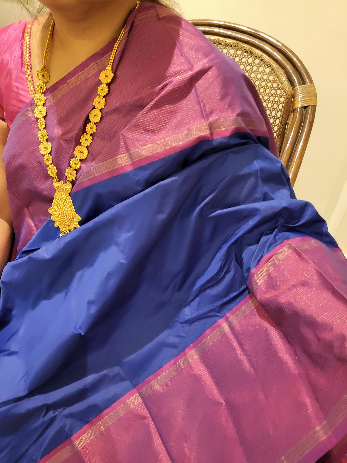 Kuppadam Silk Saree in Royal Blue and Pink with Broad Border