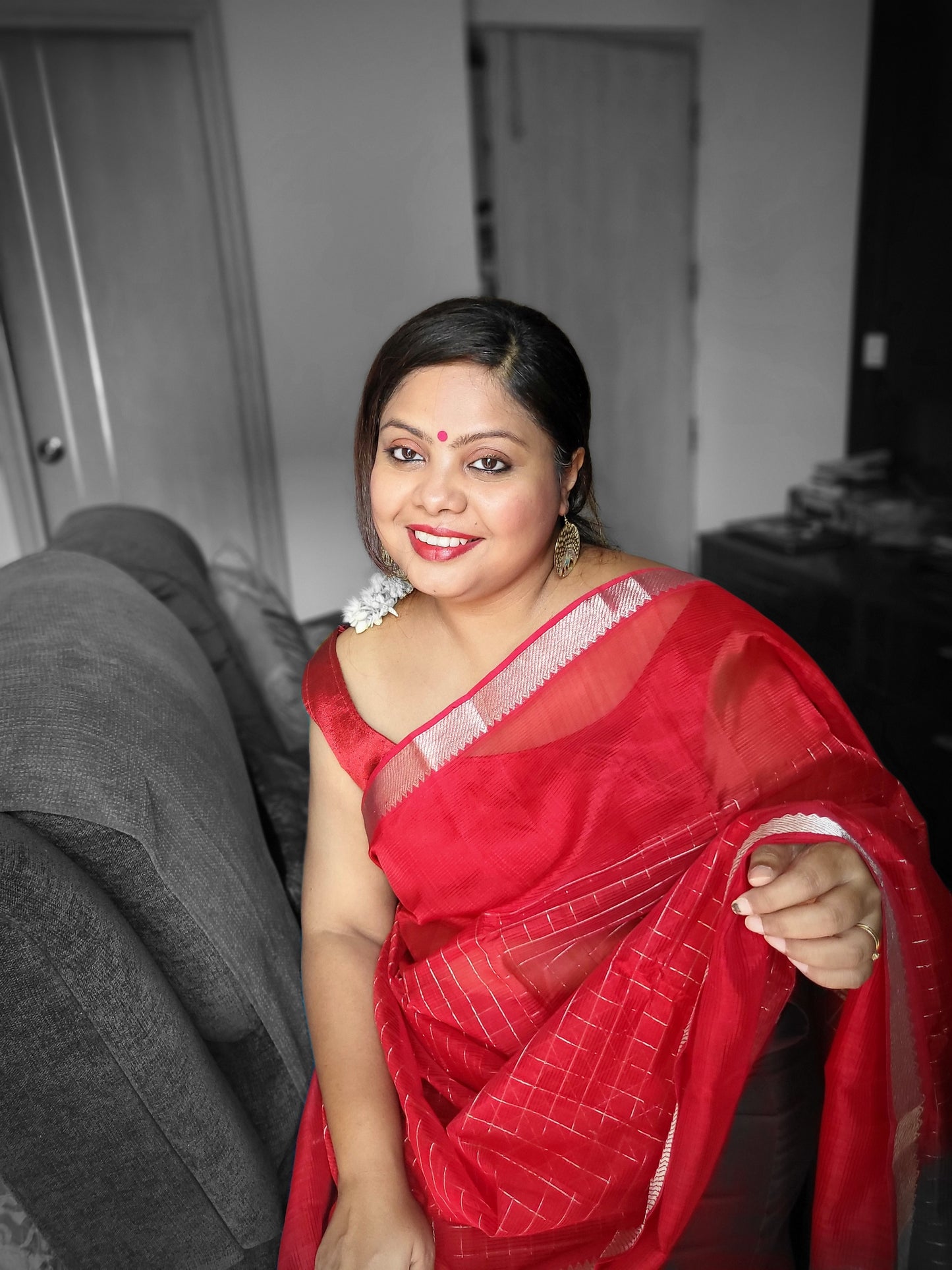 Mangalgiri Red Silk Saree with Silver Zari Checks and Border