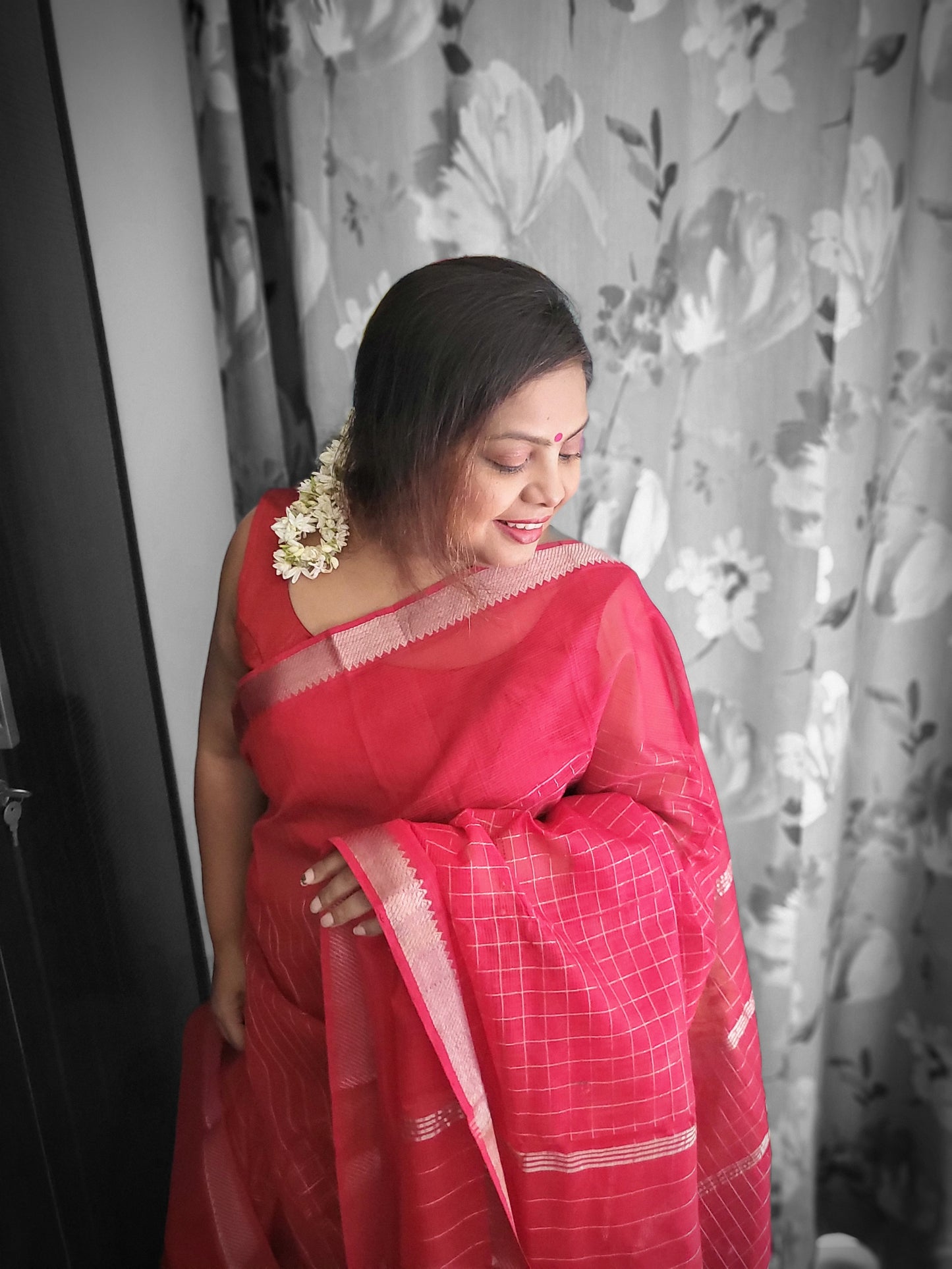 Mangalgiri Red Silk Saree with Silver Zari Checks and Border