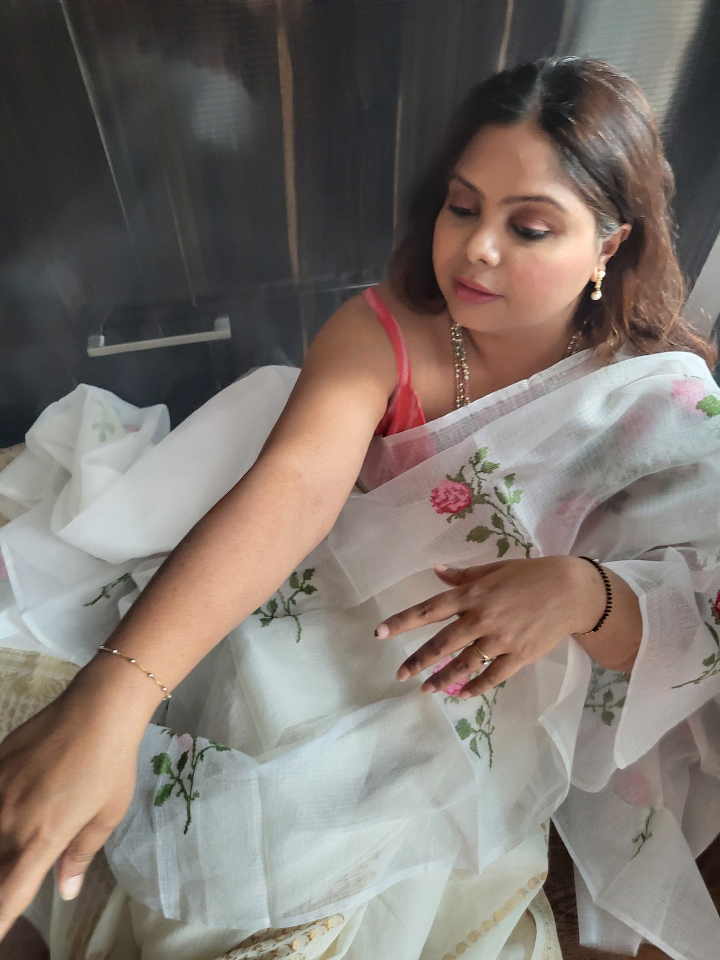 White Kora Cotton Saree with Machine Embroidery