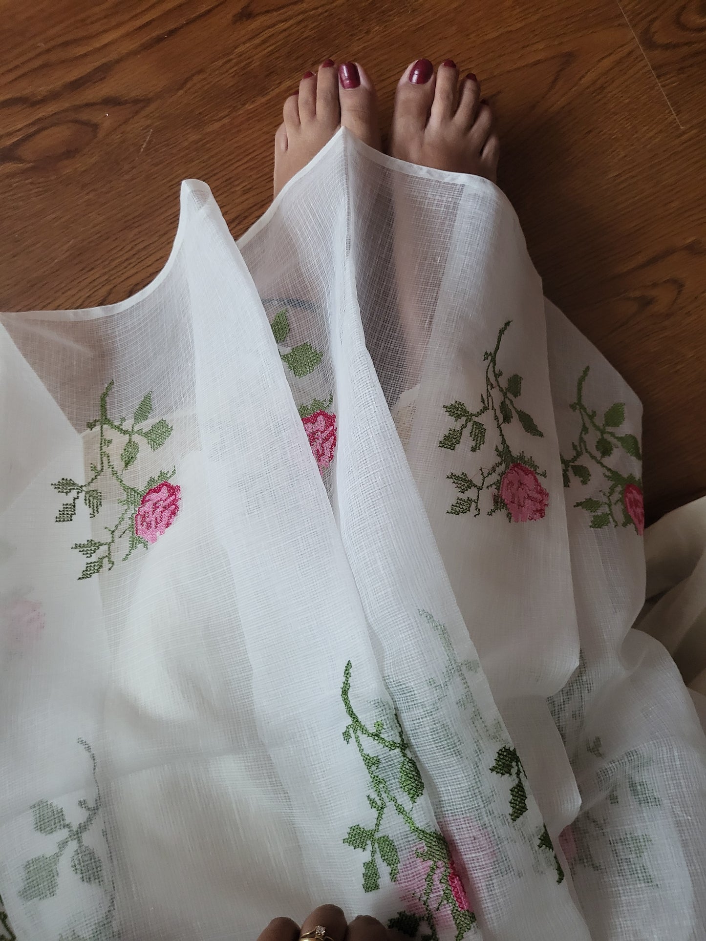 White Kora Cotton Saree with Machine Embroidery
