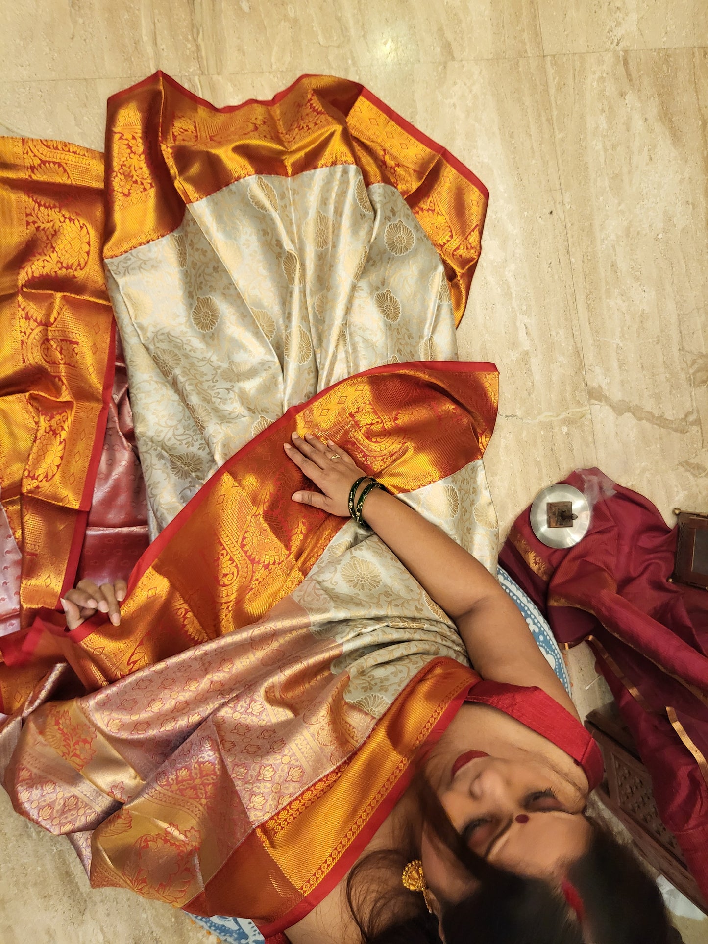 Exquisite Powder Blue Silk Saree with Golden Brocade and Zari-Embellished Red Border