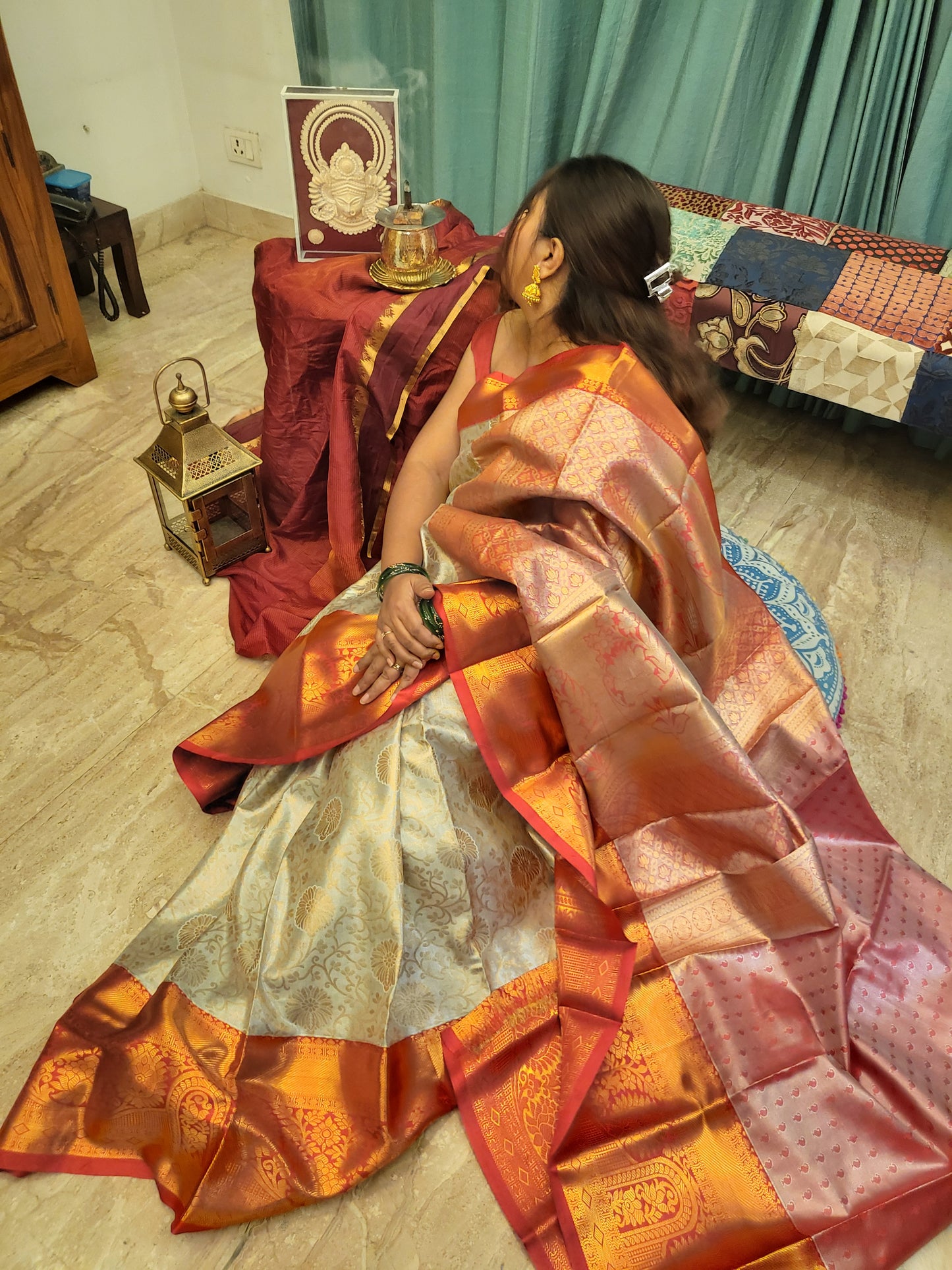 Exquisite Powder Blue Silk Saree with Golden Brocade and Zari-Embellished Red Border