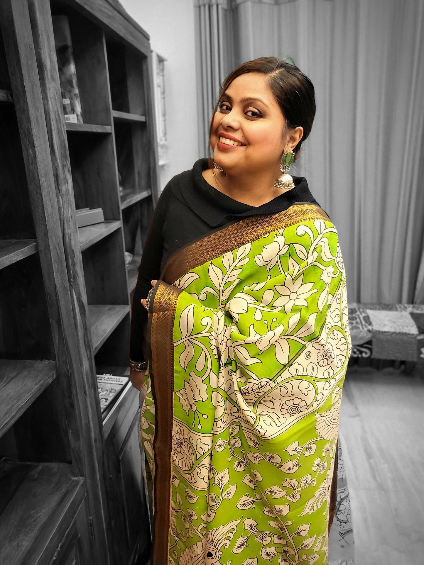 Exquisite Kalamkari Silk Saree in Green with Nizam Border
