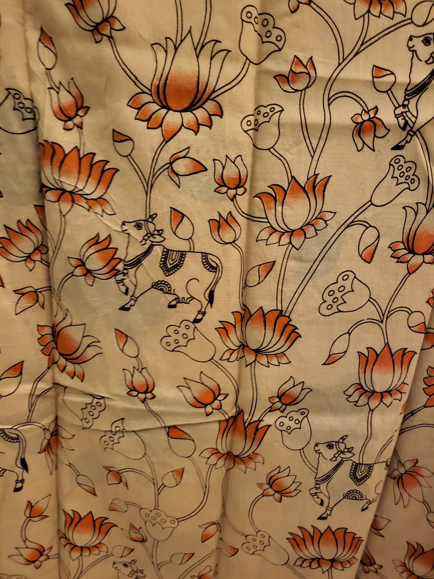 Kalamkari Silk Saree in Blue and Orange with Nizam Border