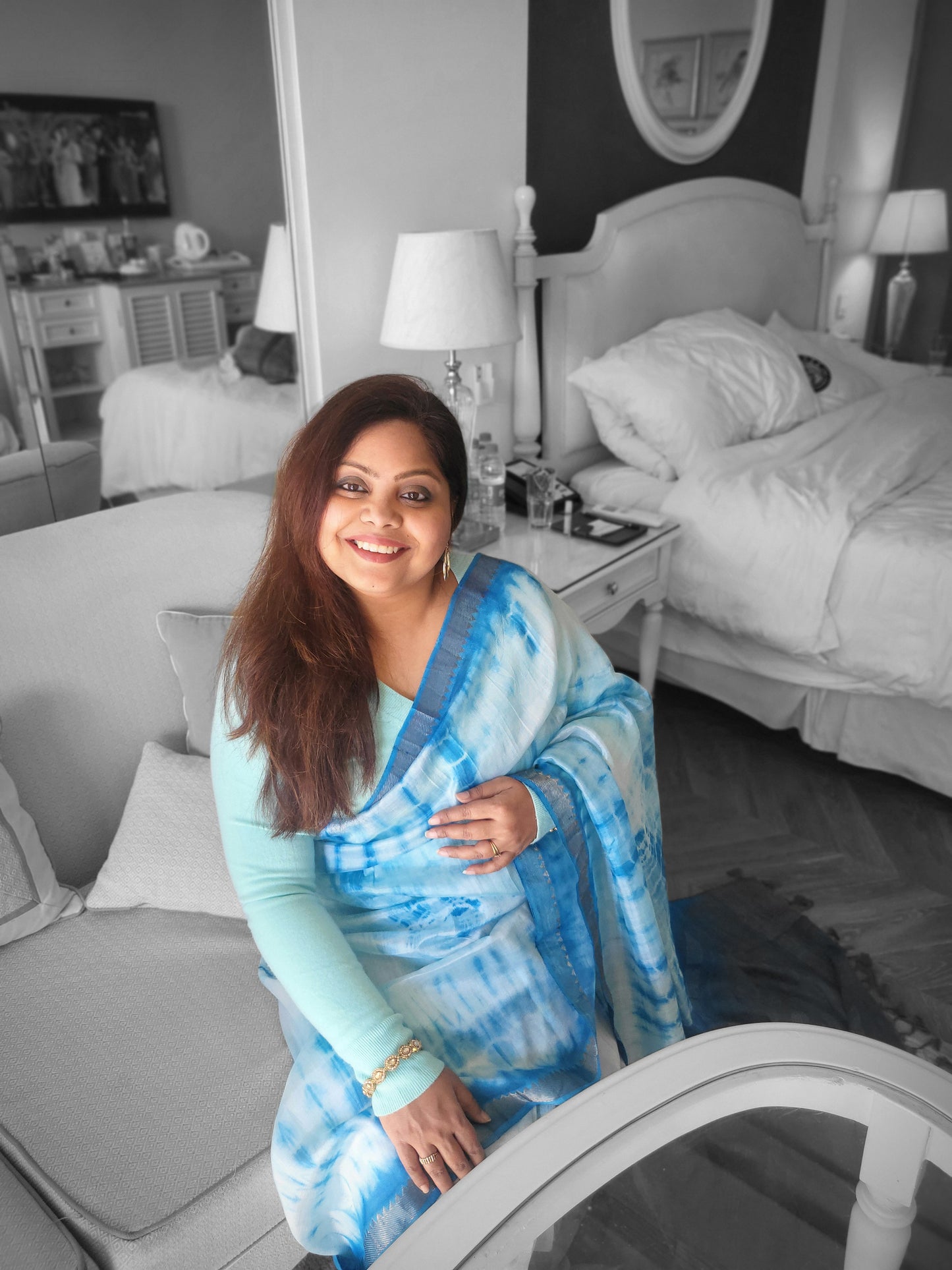 Blue Mangalagiri Saree with Shibori Print