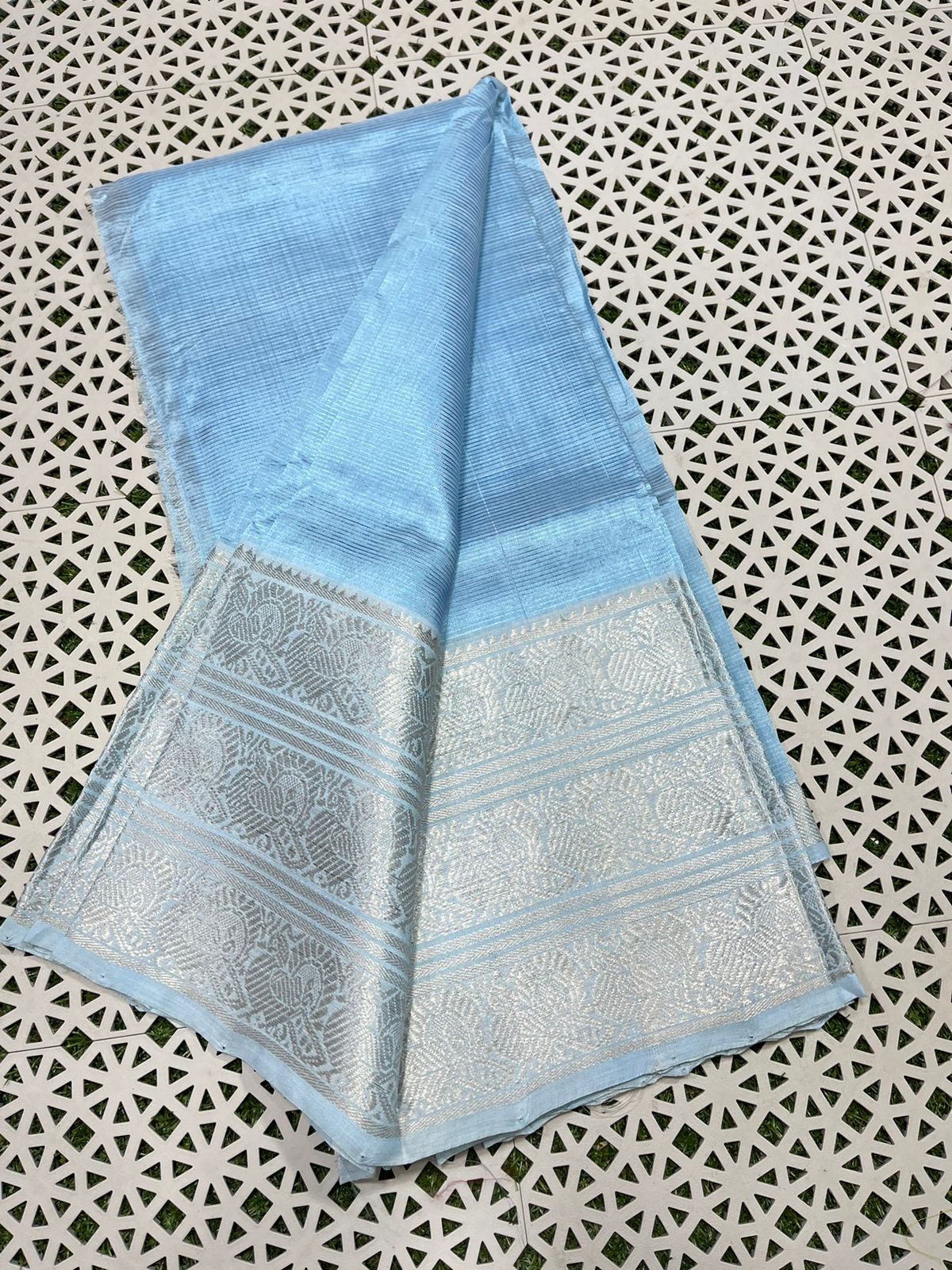 Light Blue Mangalgiri Silk Saree with Zari Accents