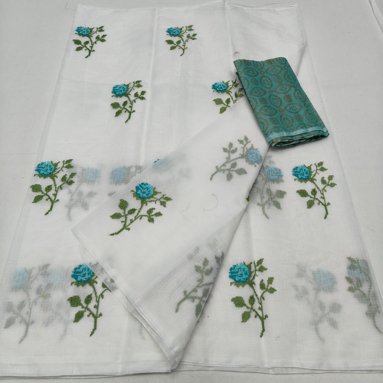 White Kora Cotton Saree with Machine Embroidery