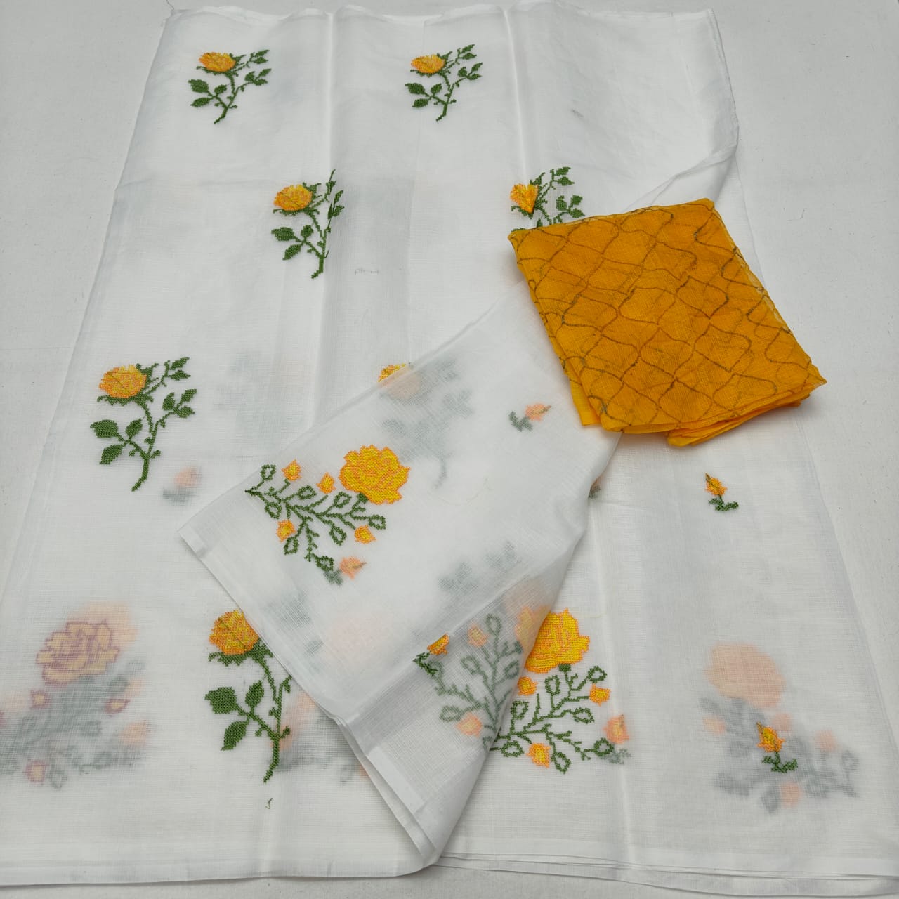 White Kora Cotton Saree with Machine Embroidery