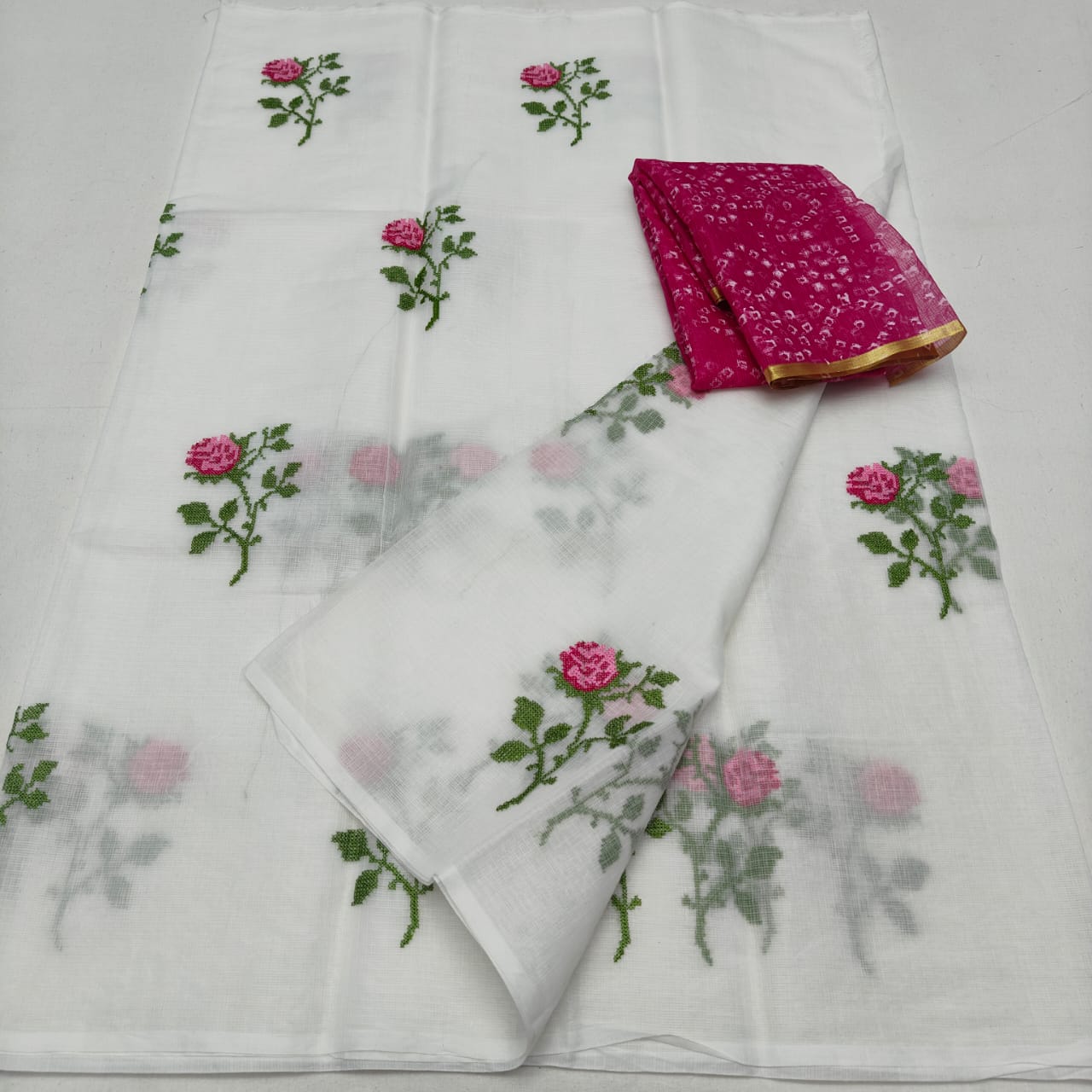 White Kora Cotton Saree with Machine Embroidery