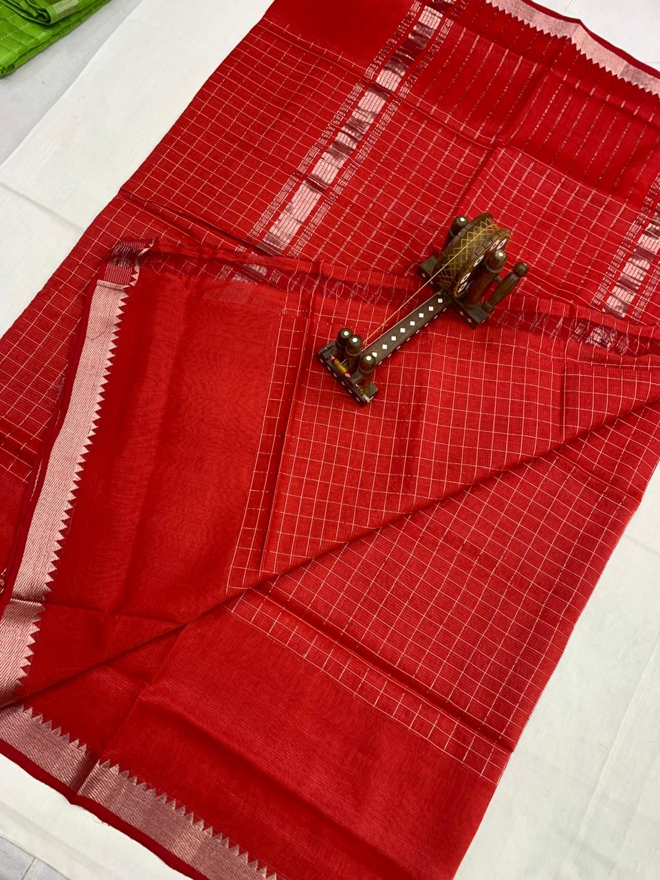 Mangalgiri Red Silk Saree with Silver Zari Checks and Border
