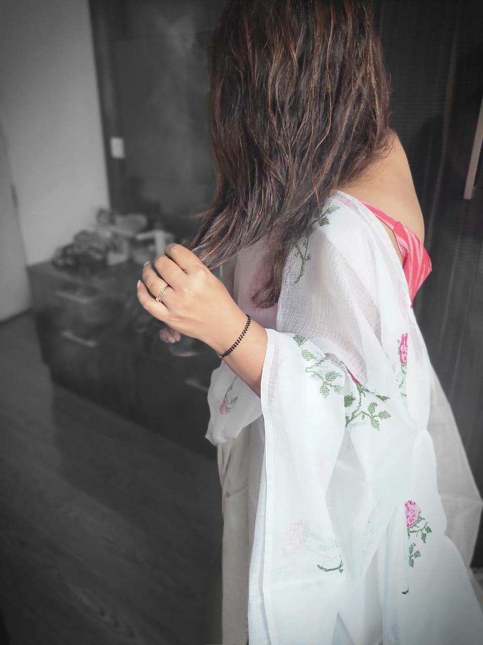 White Kora Cotton Saree with Machine Embroidery