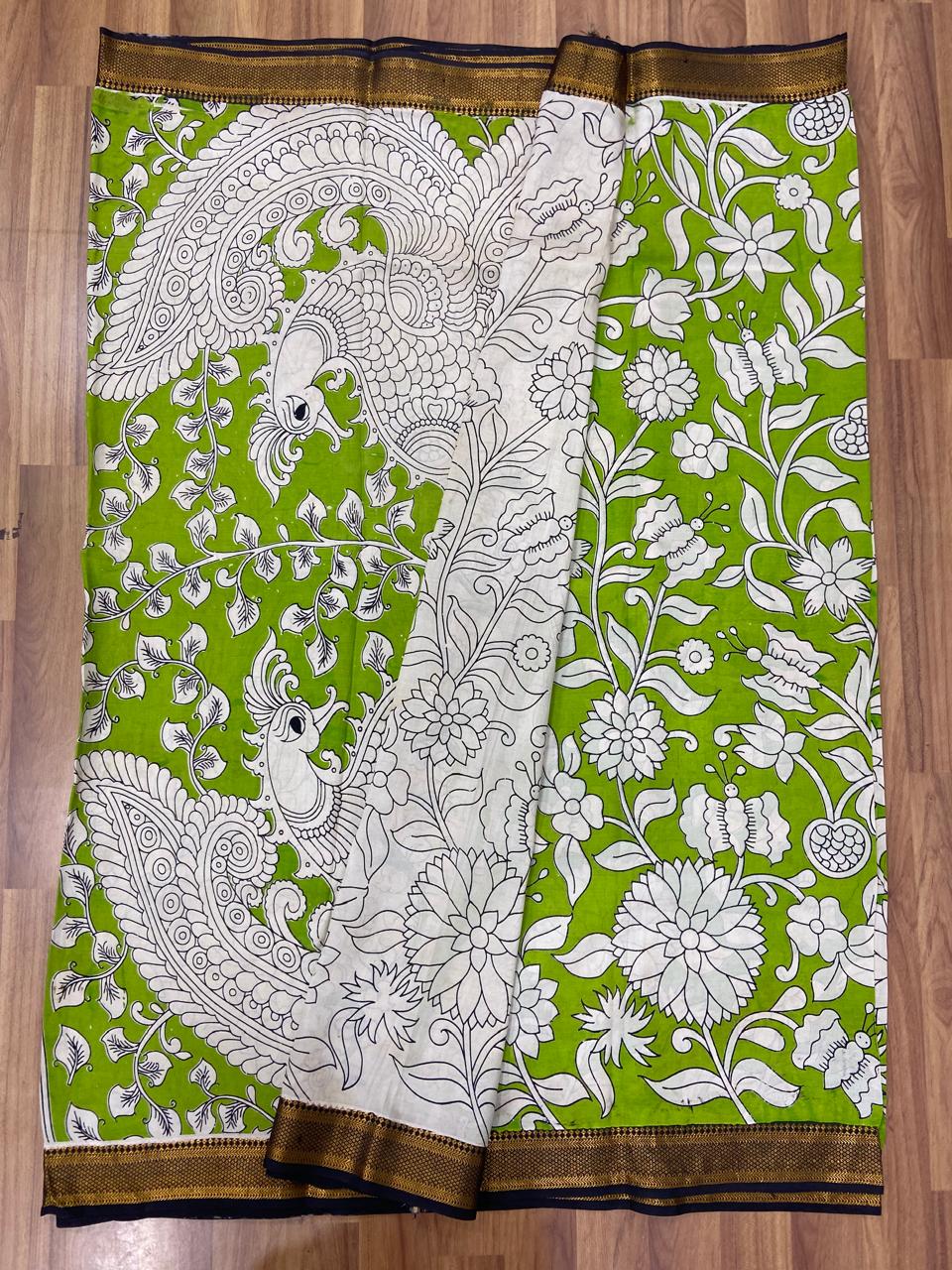 Exquisite Kalamkari Silk Saree in Green with Nizam Border