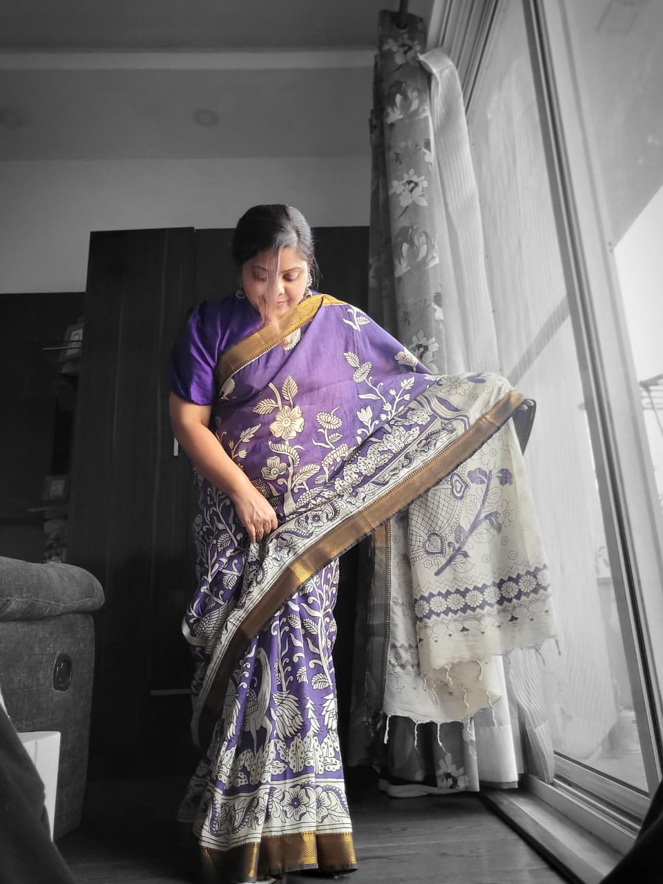 Kalamkari Aubergine Silk Saree