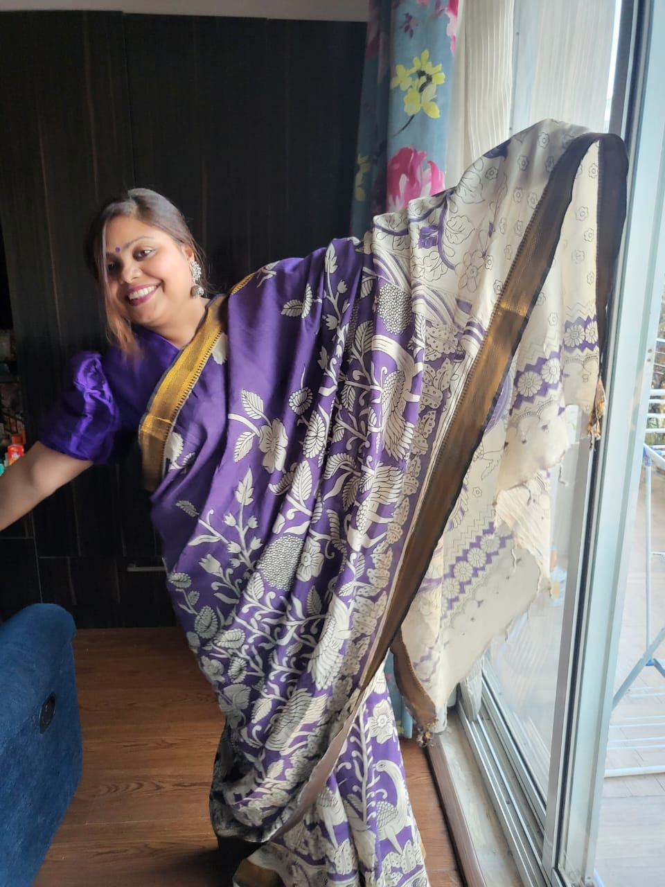 Kalamkari Aubergine Silk Saree