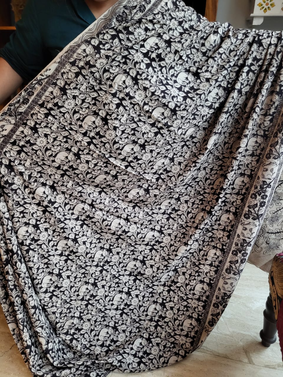 Kalamkari Black and White Cotton Saree