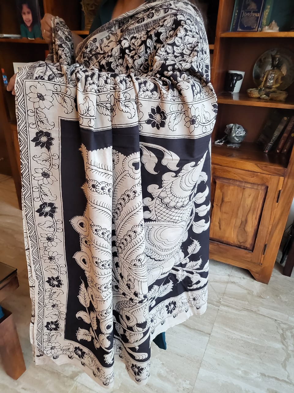 Kalamkari Black and White Cotton Saree