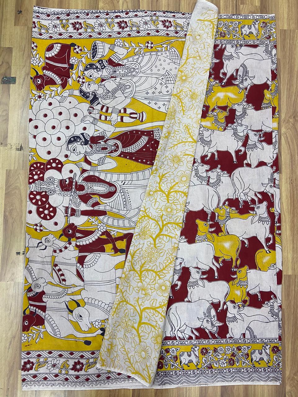 Graceful Yellow and Pink Kalamkari Saree with Cow Motifs 