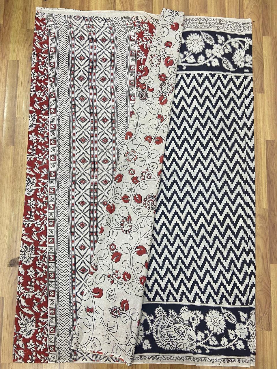 Elegant Black and White Kalamkari Chevron Cotton Saree