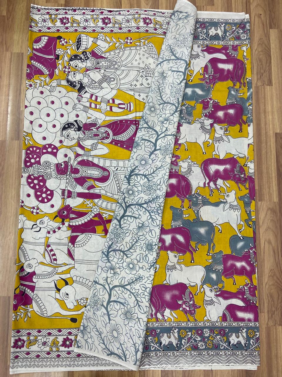 Graceful Yellow and Pink Kalamkari Saree with Cow Motifs  
