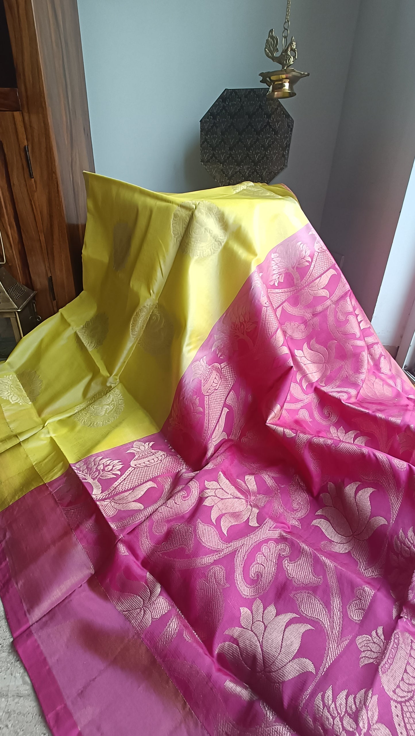 Uppada Soft Silk Lemon Yellow and Pink Saree