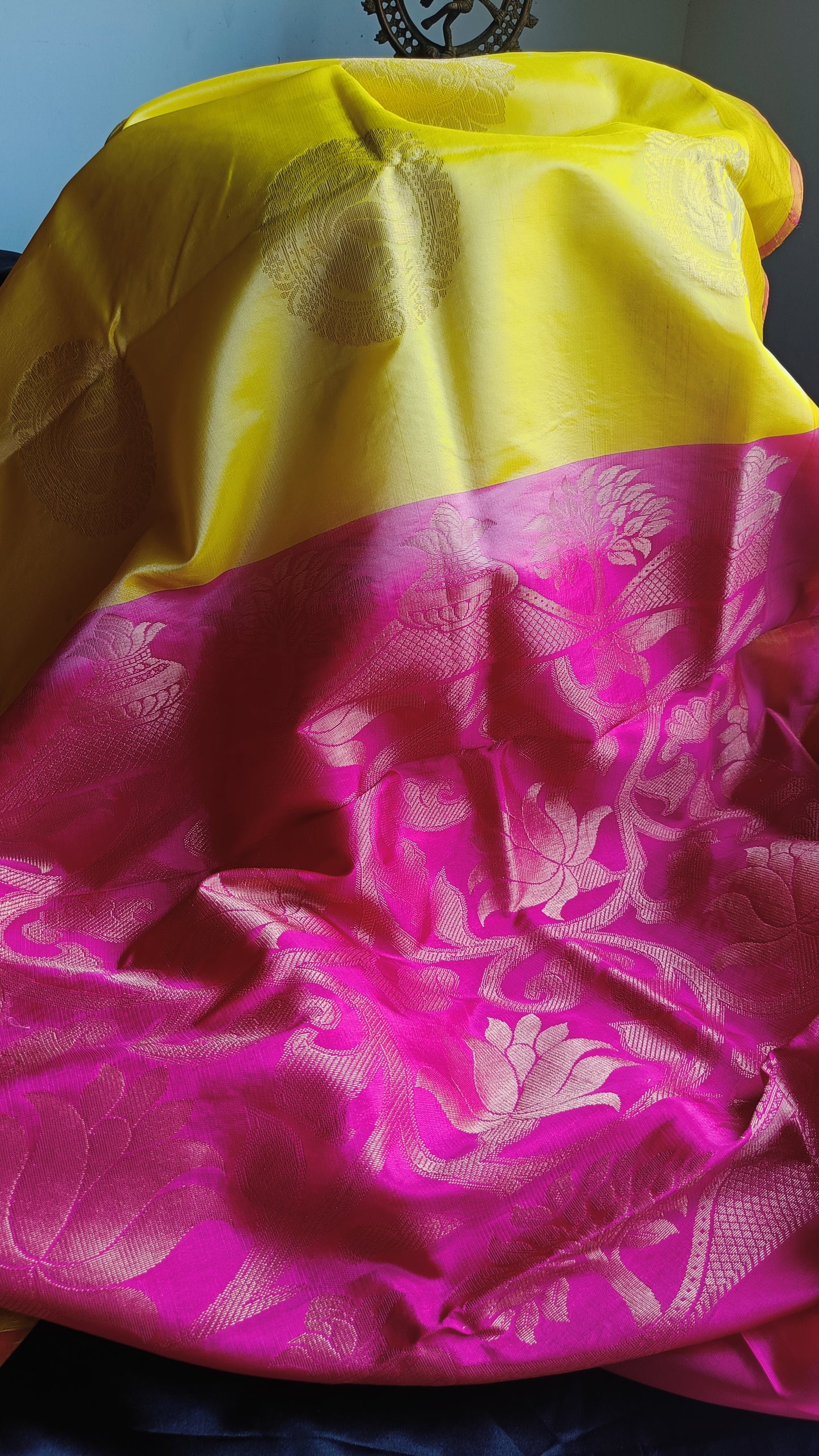 Uppada Soft Silk Lemon Yellow and Pink Saree