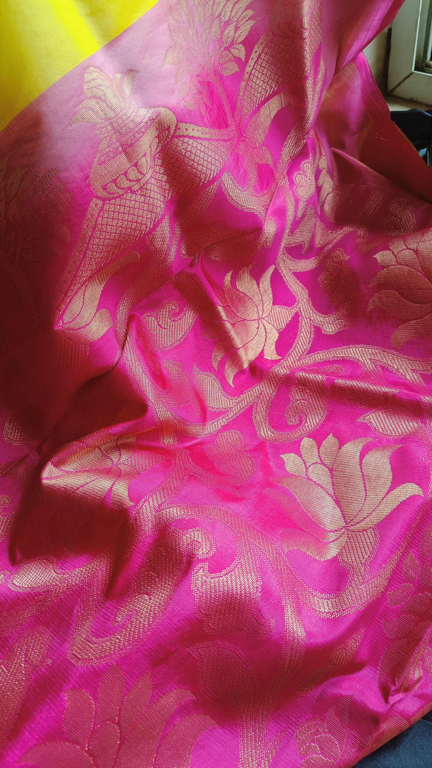 Uppada Soft Silk Lemon Yellow and Pink Saree