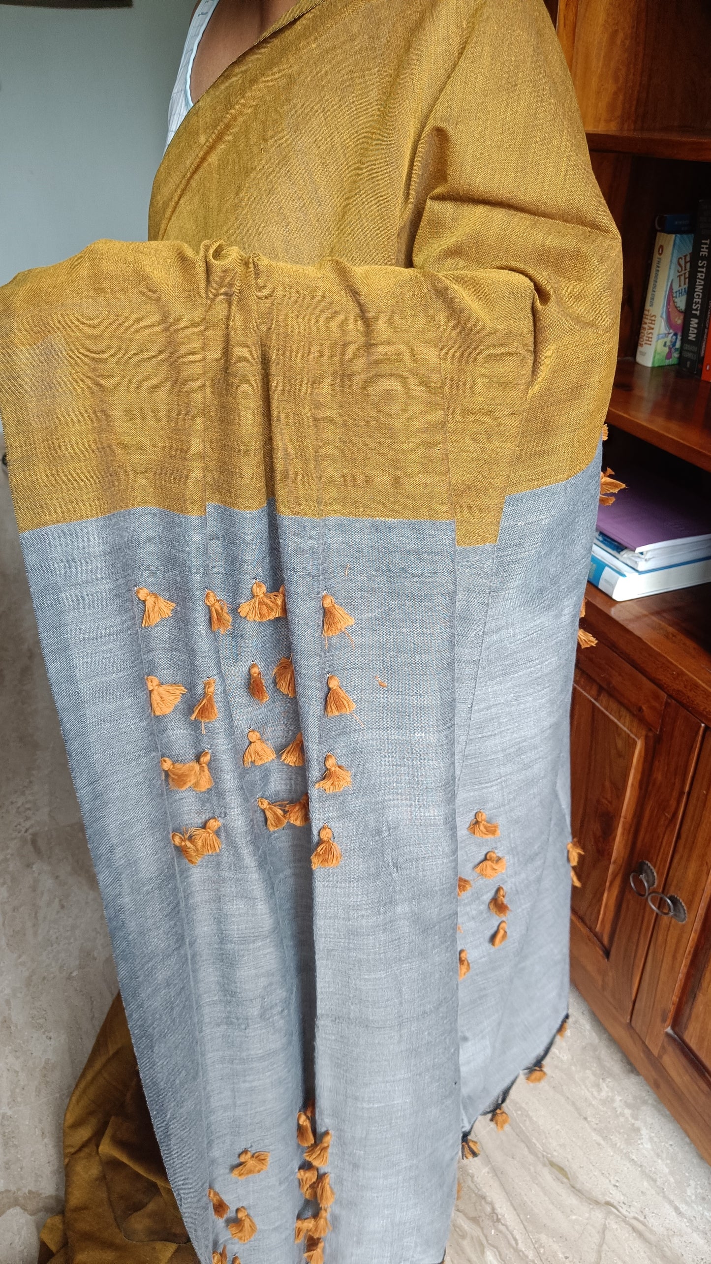 CHROME YELLOW AND GREY COTTON SAREE