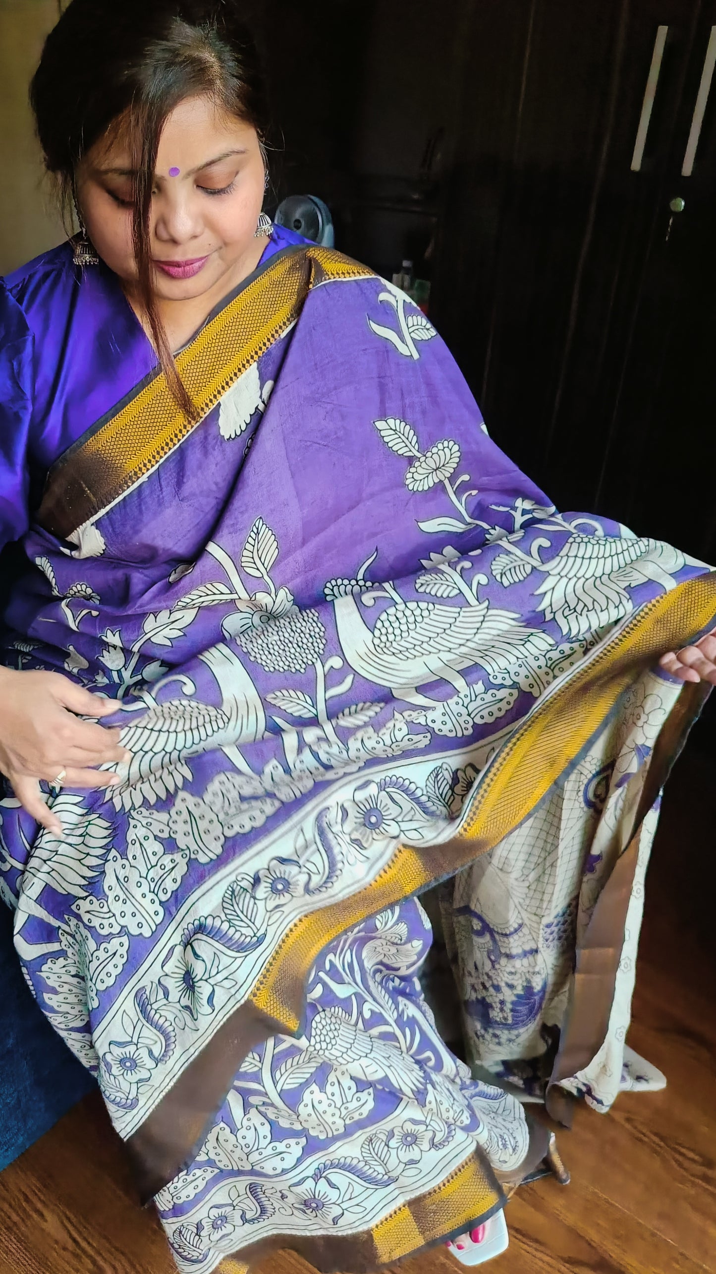 Kalamkari Aubergine Silk Saree