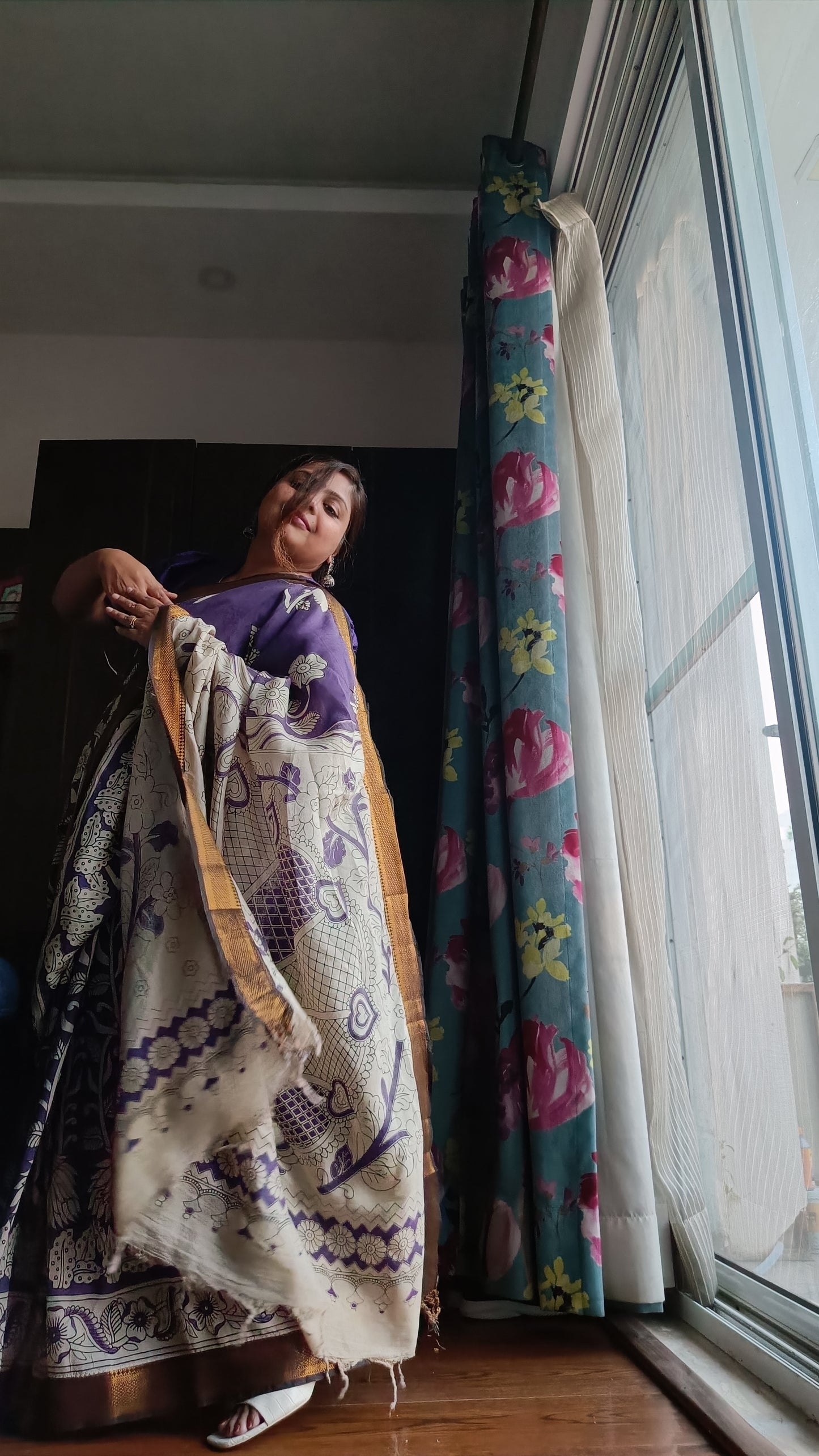 Kalamkari Aubergine Silk Saree