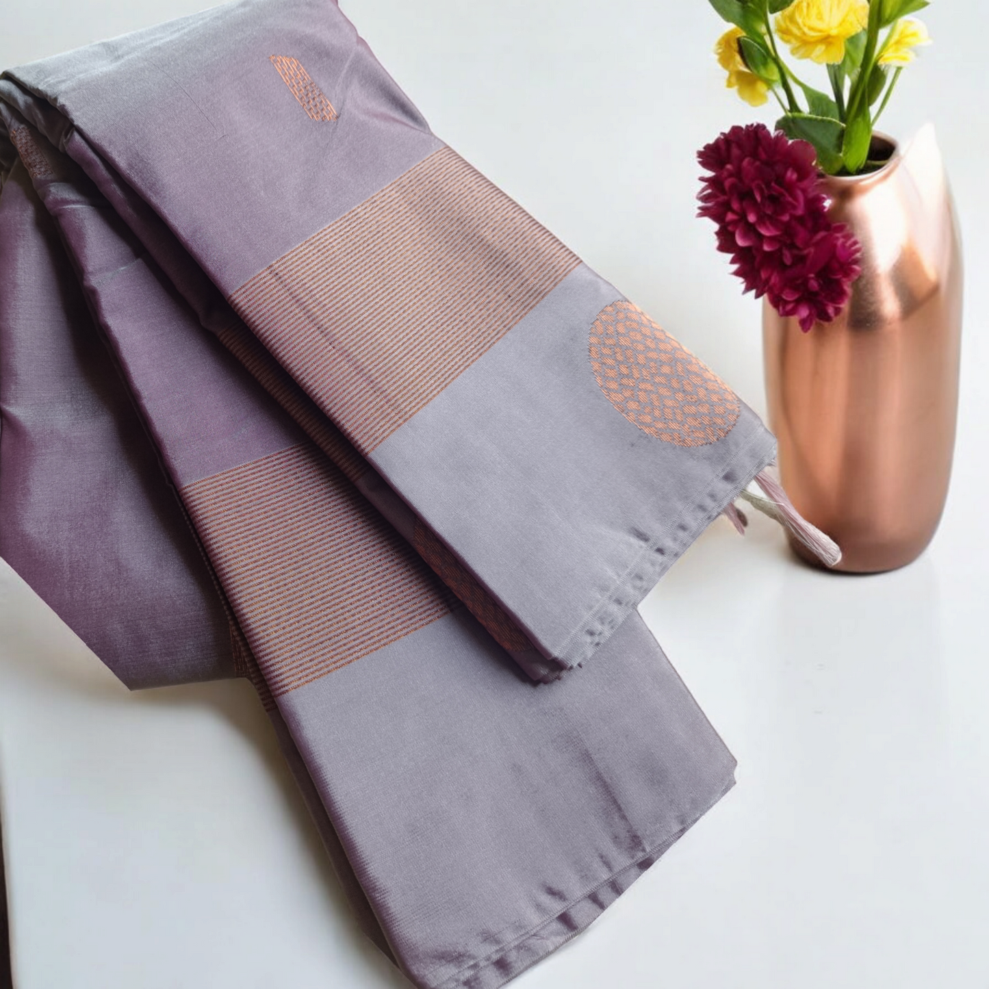 Graceful Mauve Semi-Silk Kuppadam Saree with Copper Zari Border 