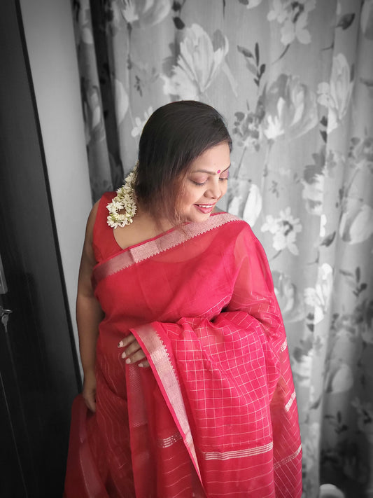 Mangalgiri Red Cotton Silk Saree with Silver Zari Checks and Border