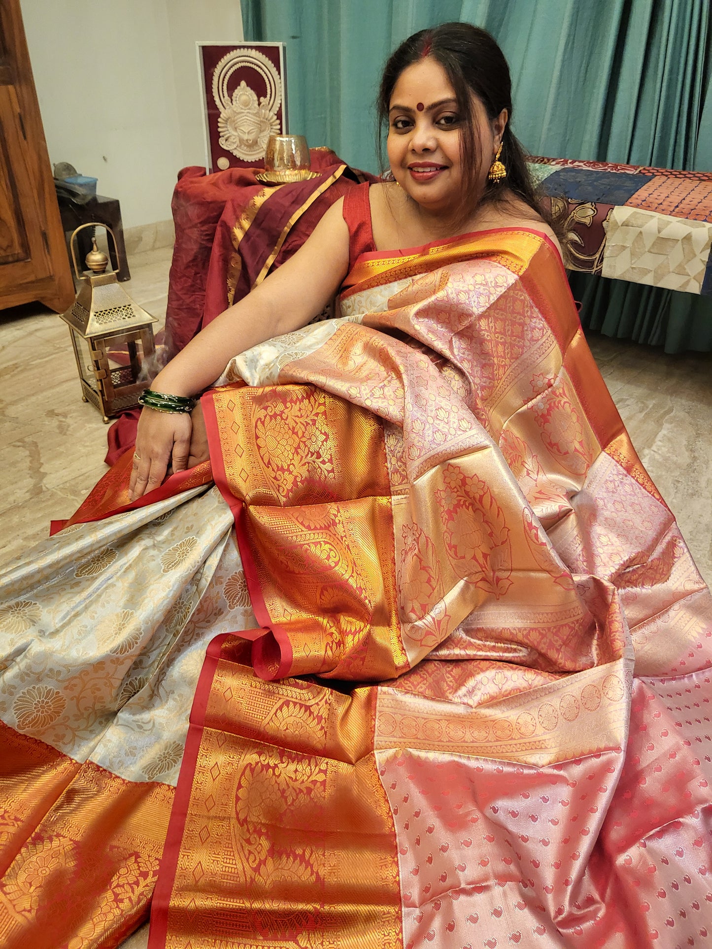 Exquisite Powder Blue Silk Saree with Golden Brocade and Zari-Embellished Red Border