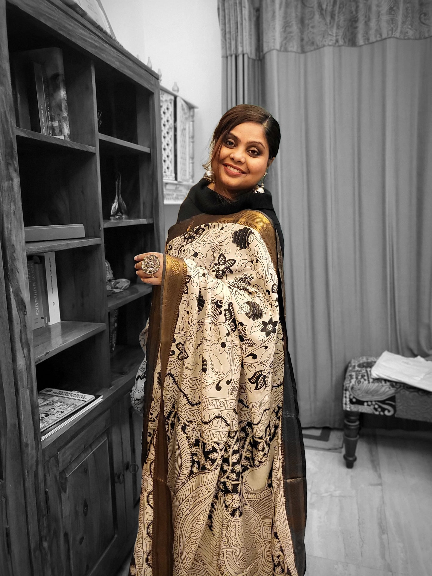 Kalamkari Silk Saree in Black and White with Nizam Border