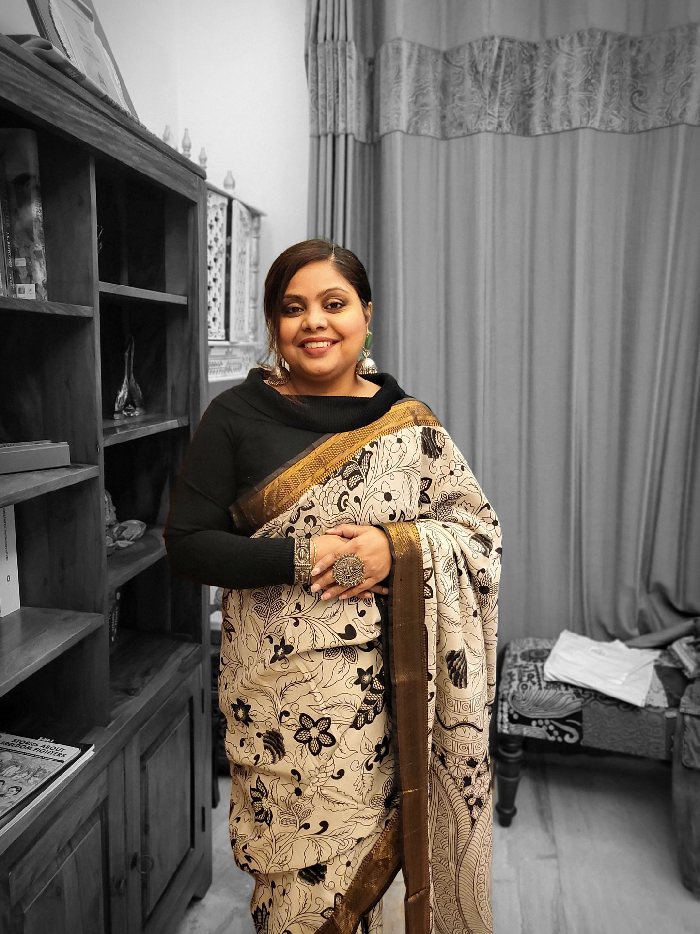 Kalamkari Silk Saree in Black and White with Nizam Border