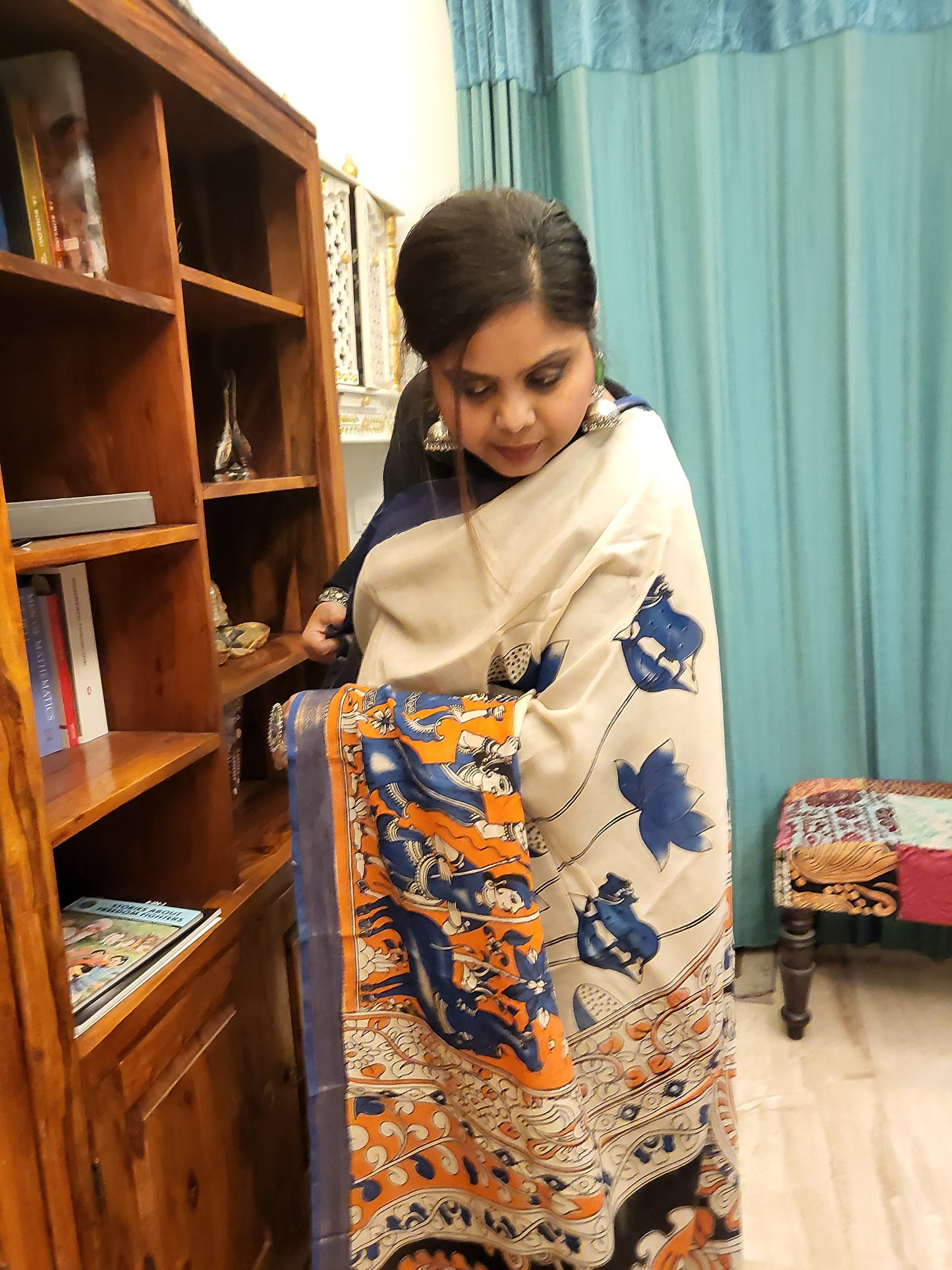 Kalamkari Silk Saree in Blue and Orange with Nizam Border