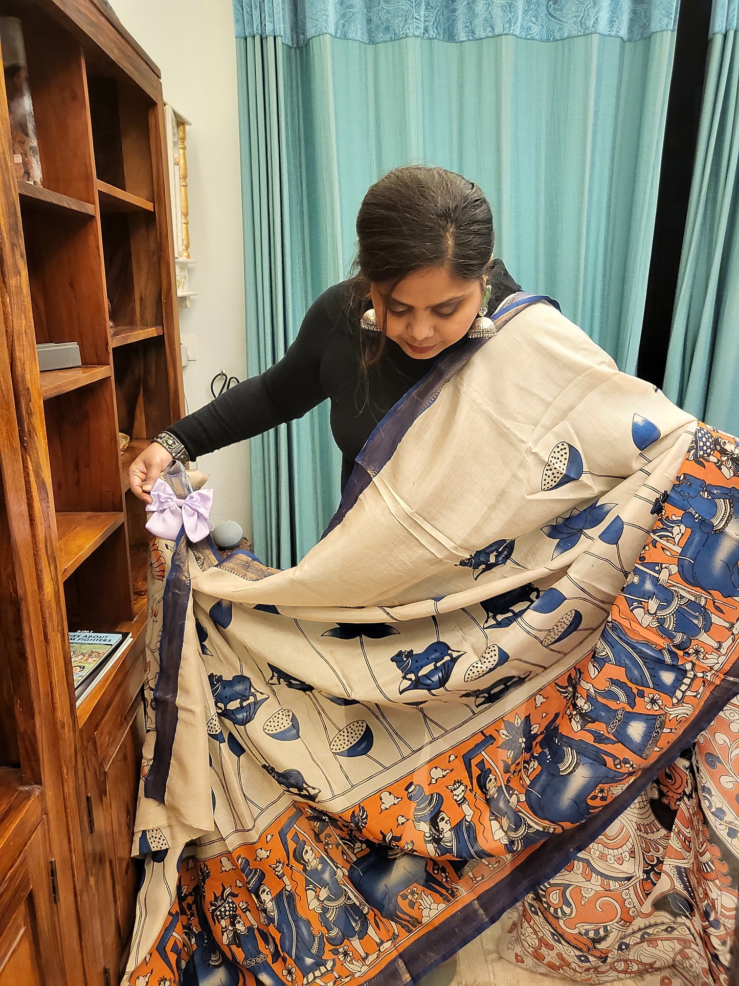 Kalamkari Silk Saree in Blue and Orange with Nizam Border