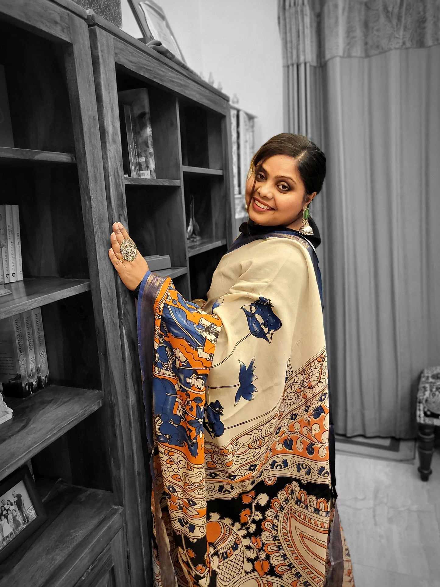 Kalamkari Silk Saree in Blue and Orange with Nizam Border