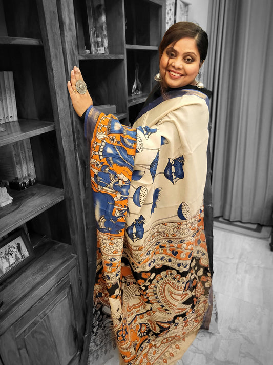 Kalamkari Silk Saree in Blue and Orange with Nizam Border