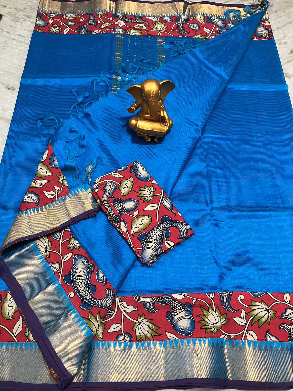 Elegant Mangalagiri Blue Saree with Kalamkari Border