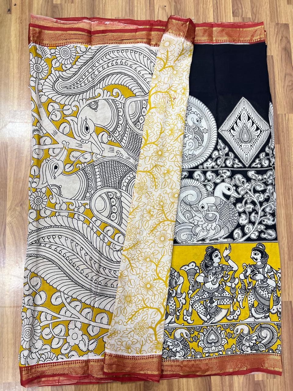 Kalamkari Silk Saree in Black and Yellow with Nizam Border