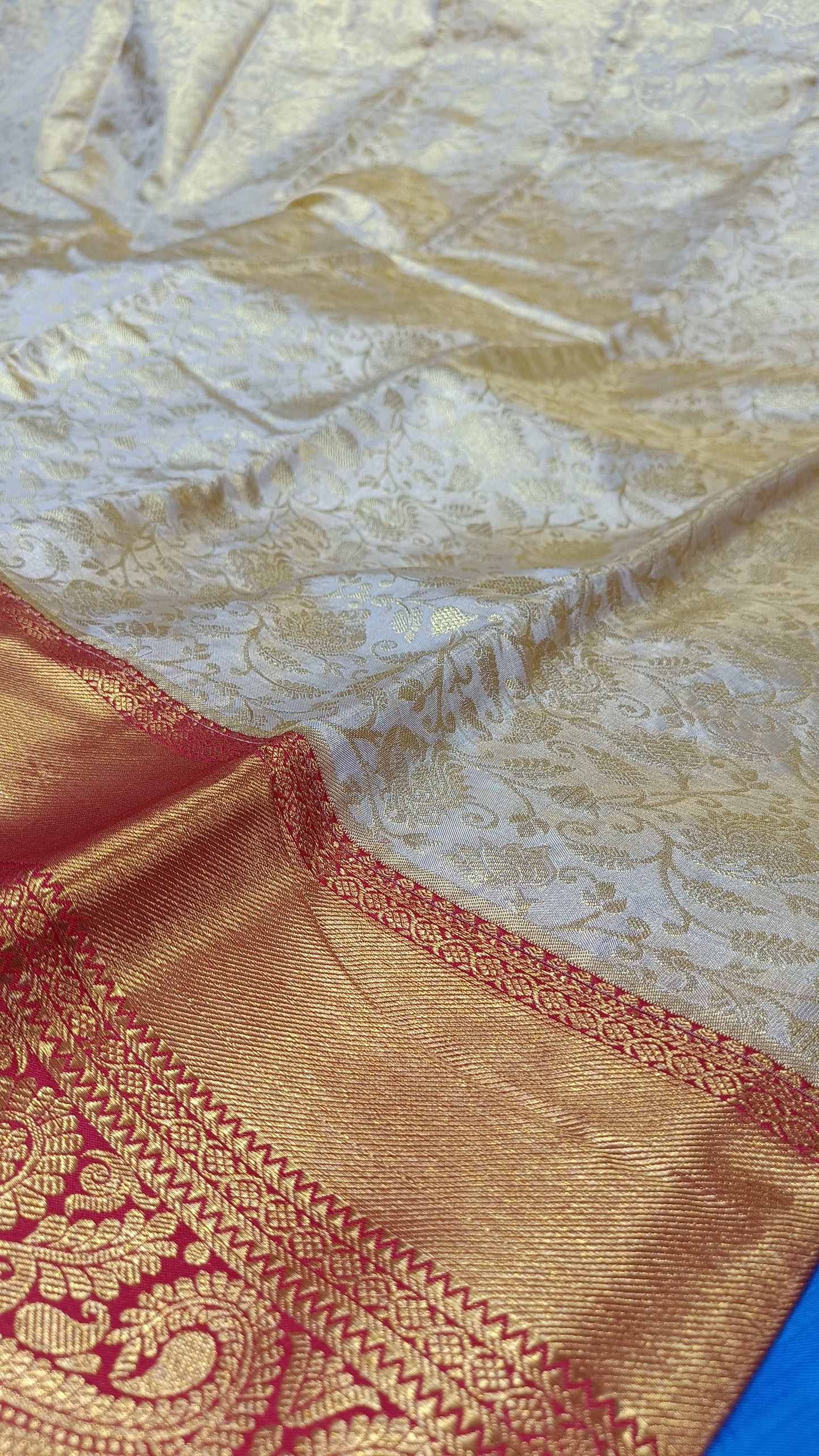 Exquisite Gold Brocade Saree with Rich Red Border