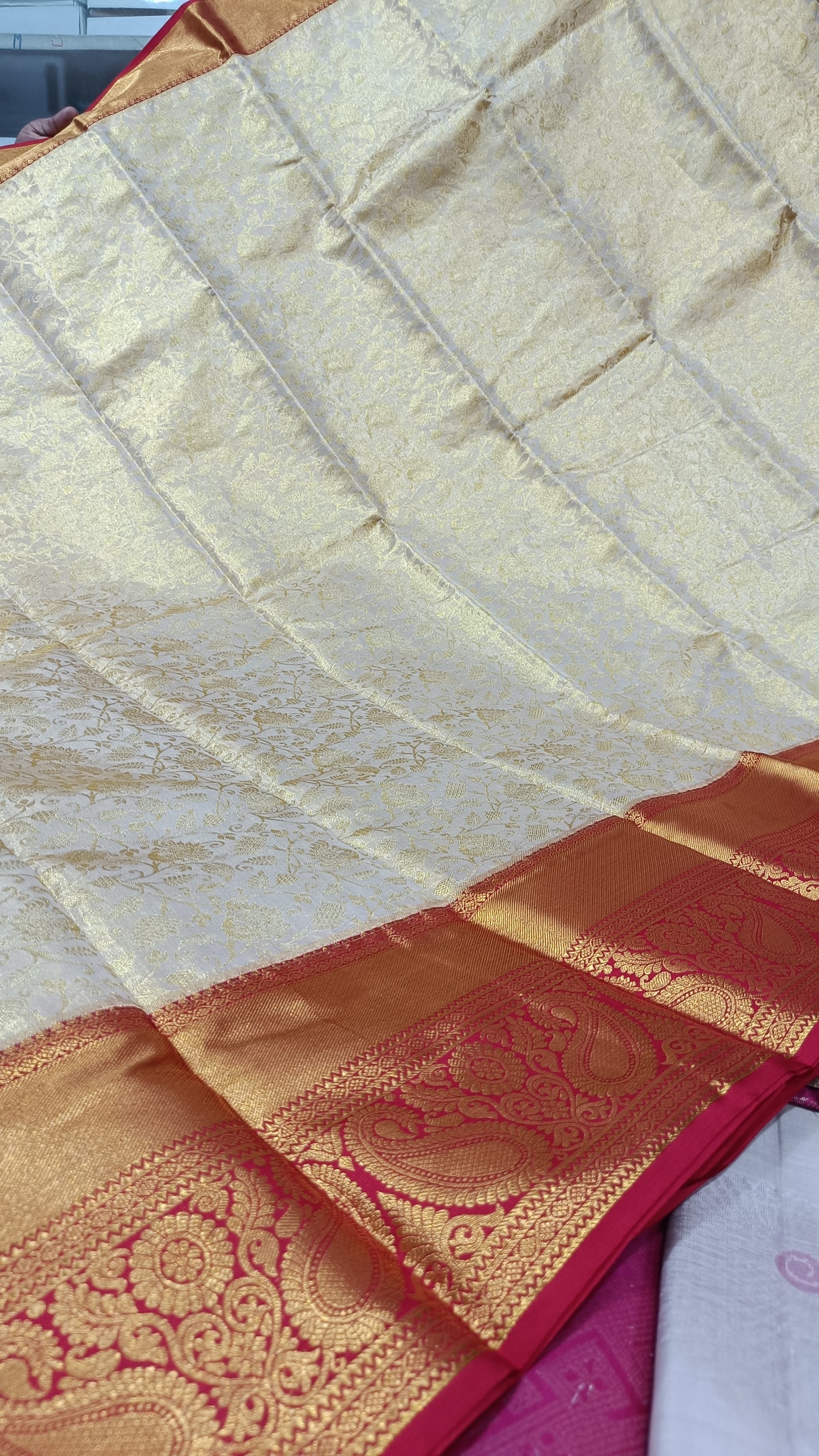 Exquisite Gold Brocade Saree with Rich Red Border